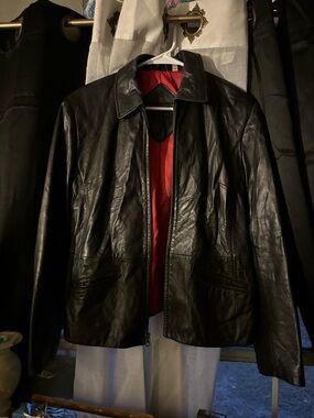 Preston & York Black Leather Jacket with Red Lining